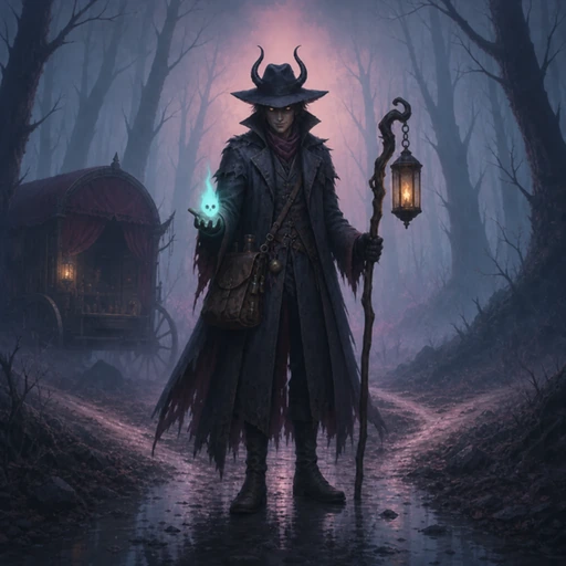 Crowley, the horned traveling merchant, offering a spectral Soul at a forest crossroads